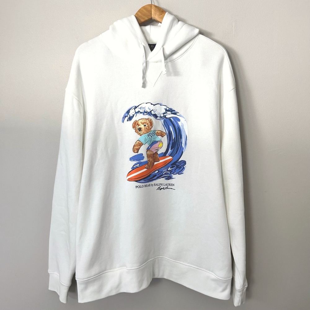 Polo Ralph Lauren Hoodie Men 1XB White Surfing Polo Bear Graphic Big & Tall NWOT
